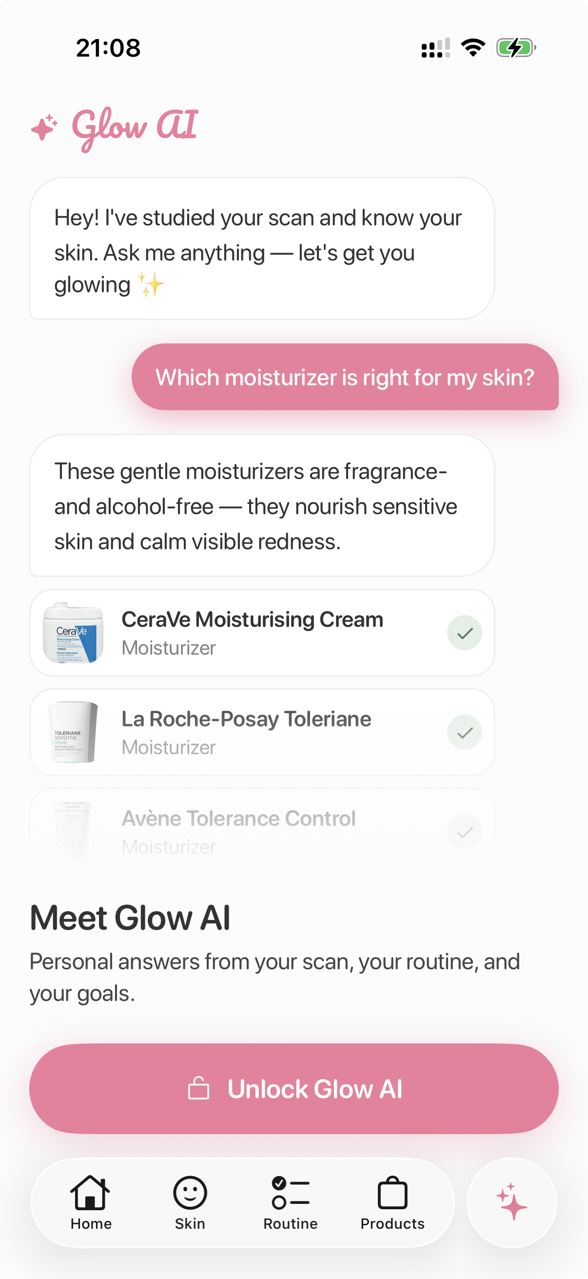 Glow AI chat screen